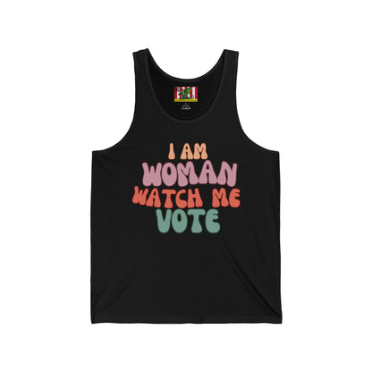 2-sided, I Am Woman Watch Me Vote Unisex Jersey Tank Top by theGreenDragonTavern.shop
