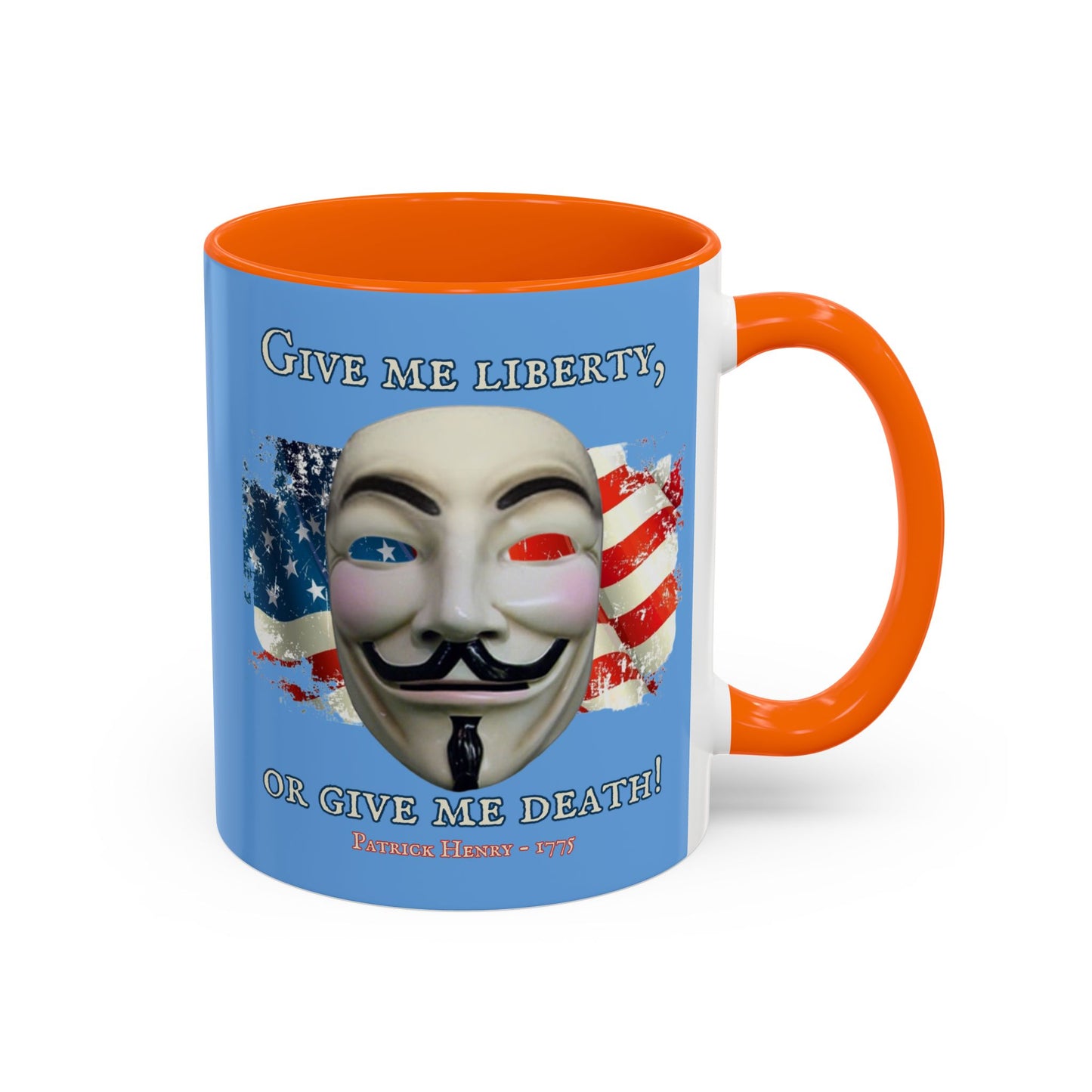Vendetta, "Give me liberty, or give me death!" Blue Accent Mug by theGreenDragonTavern.shop