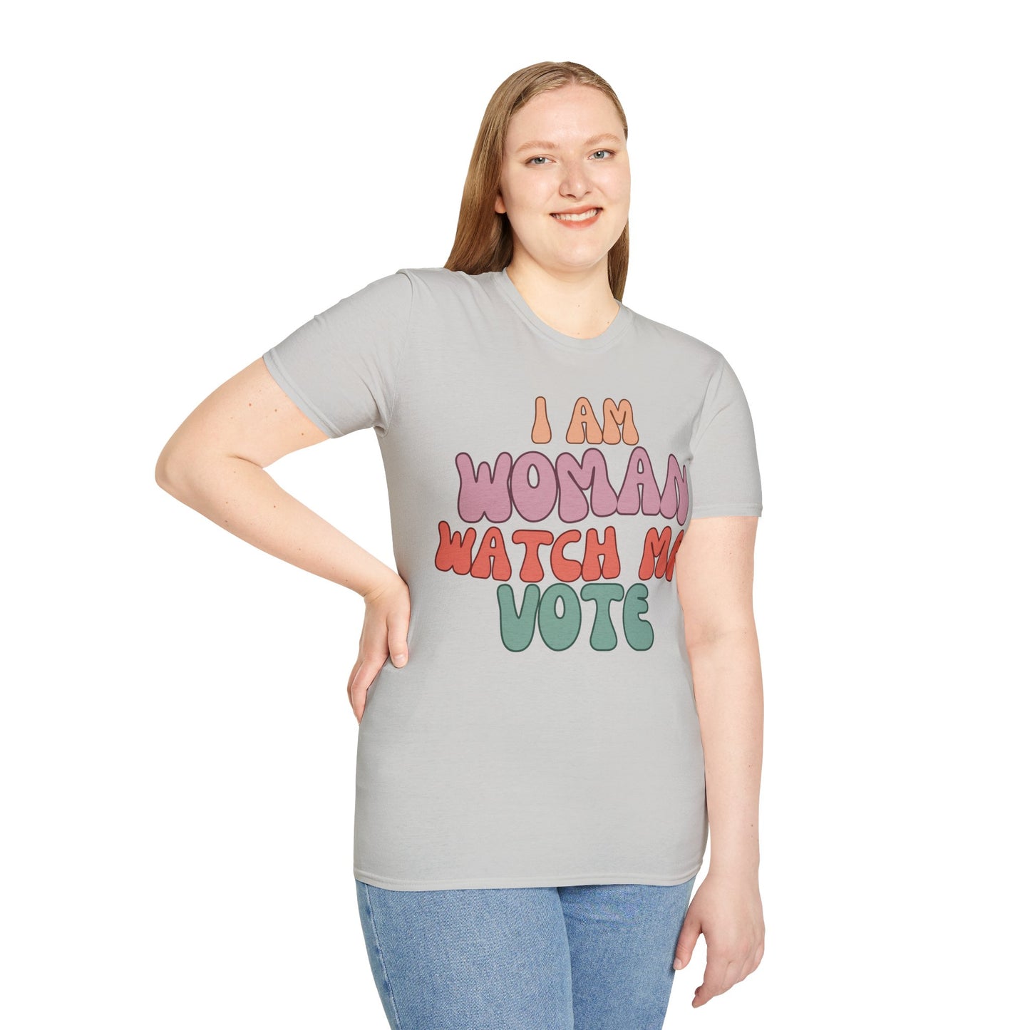 I Am Woman Watch Me Vote Light colors Unisex T-Shirt by theGreenDragonTavern.shop
