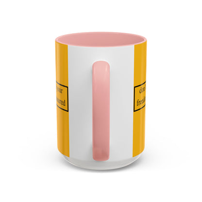 don't assume your freedoms are assured Black font Yellow Accent Mug by theGreenDragonTavern.shop