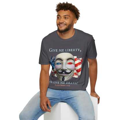 Vendetta, "Give me liberty, or give me death!" Dark colors Unisex T-Shirt by theGreenDragonTavern.shop