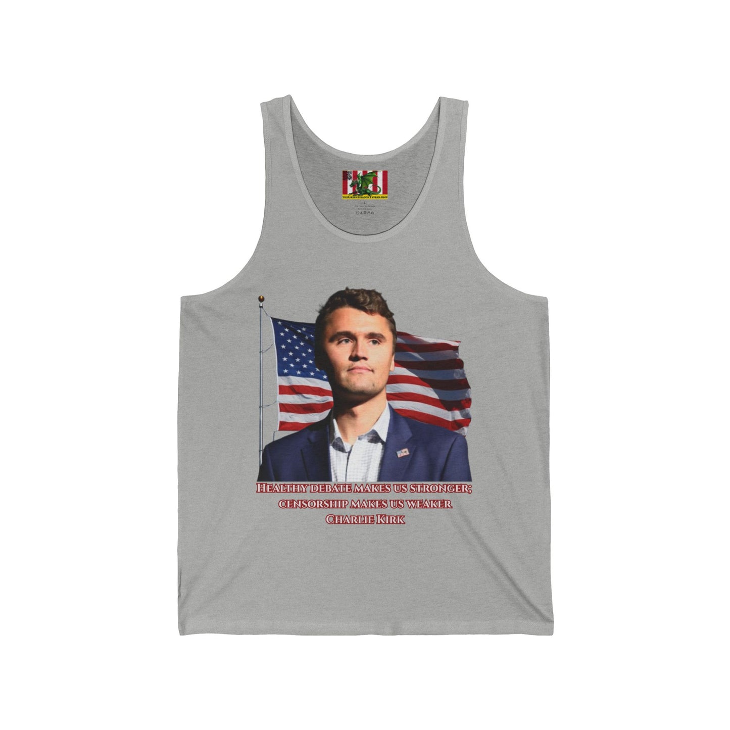 Charlie Kirk, Healthy Debate Unisex Jersey Tank Top by theGreenDragonTavern.shop