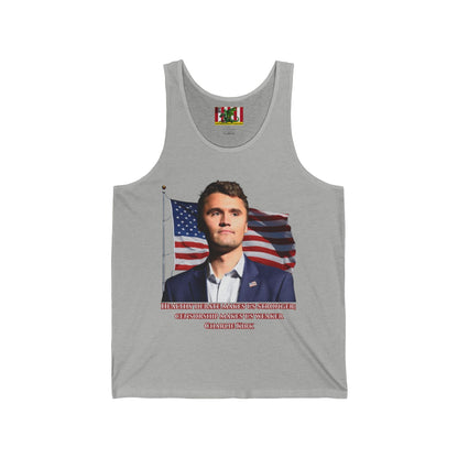 Charlie Kirk, Healthy Debate Unisex Jersey Tank Top by theGreenDragonTavern.shop