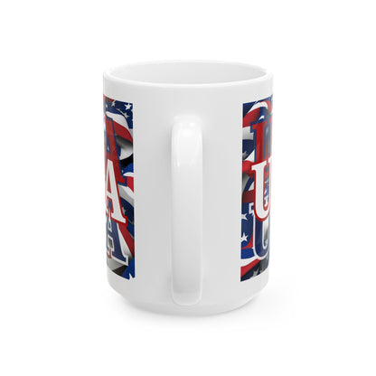 USA White font Center Patriot White Mug by theGreenDragonTavern.shop