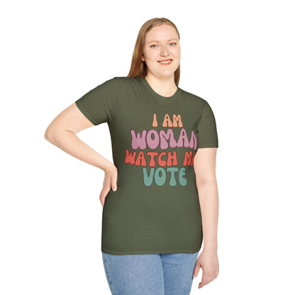 2-sided, I Am Woman Watch Me Vote Dark colors Unisex T-Shirt by theGreenDragonTavern.shop
