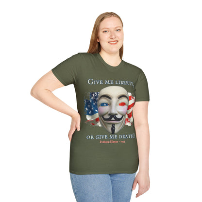 Vendetta, "Give me liberty, or give me death!" Dark colors Unisex T-Shirt by theGreenDragonTavern.shop