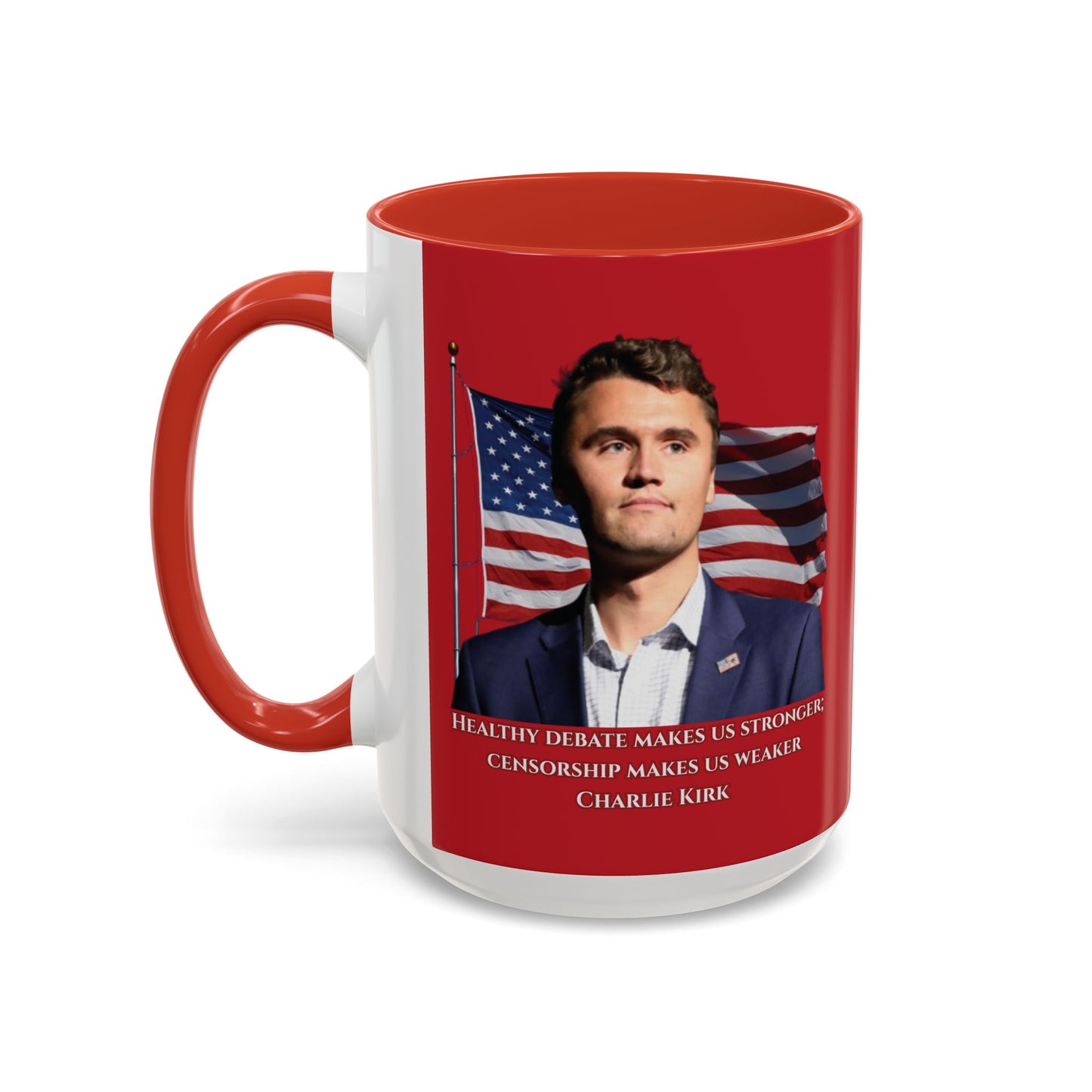 Charlie Kirk, Healthy Debate Red Accent Mug by theGreenDragonTavern.shop