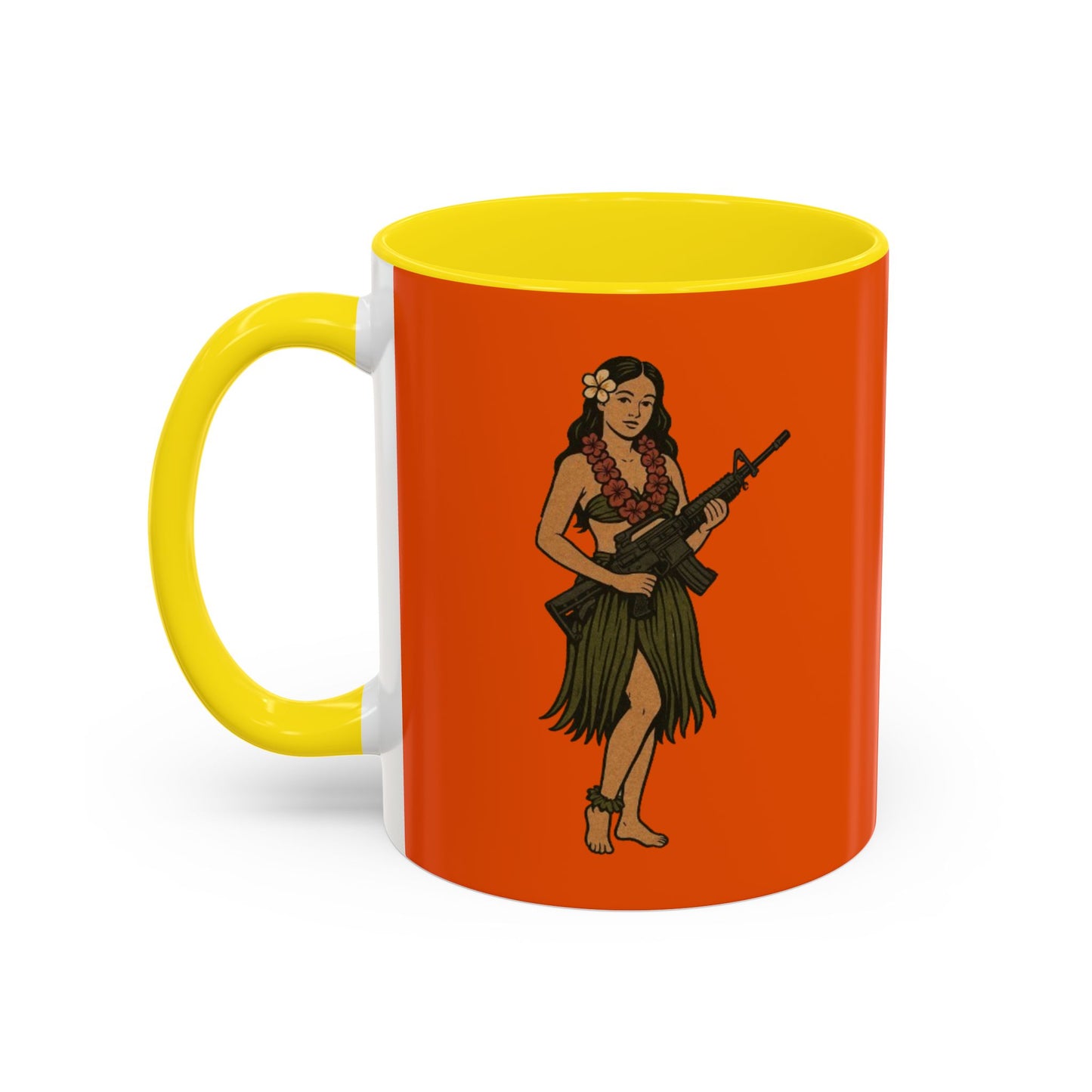 Hula Girl Packin' Heat Orange Accent Mug by theGreenDragonTavern.shop