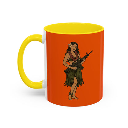 Hula Girl Packin' Heat Orange Accent Mug by theGreenDragonTavern.shop