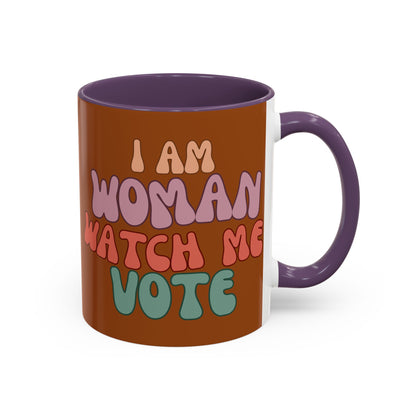 I Am Woman Watch Me Vote Brown Accent Mug by theGreenDragonTavern.shop