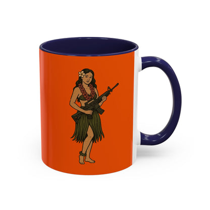Hula Girl Packin' Heat Orange Accent Mug by theGreenDragonTavern.shop