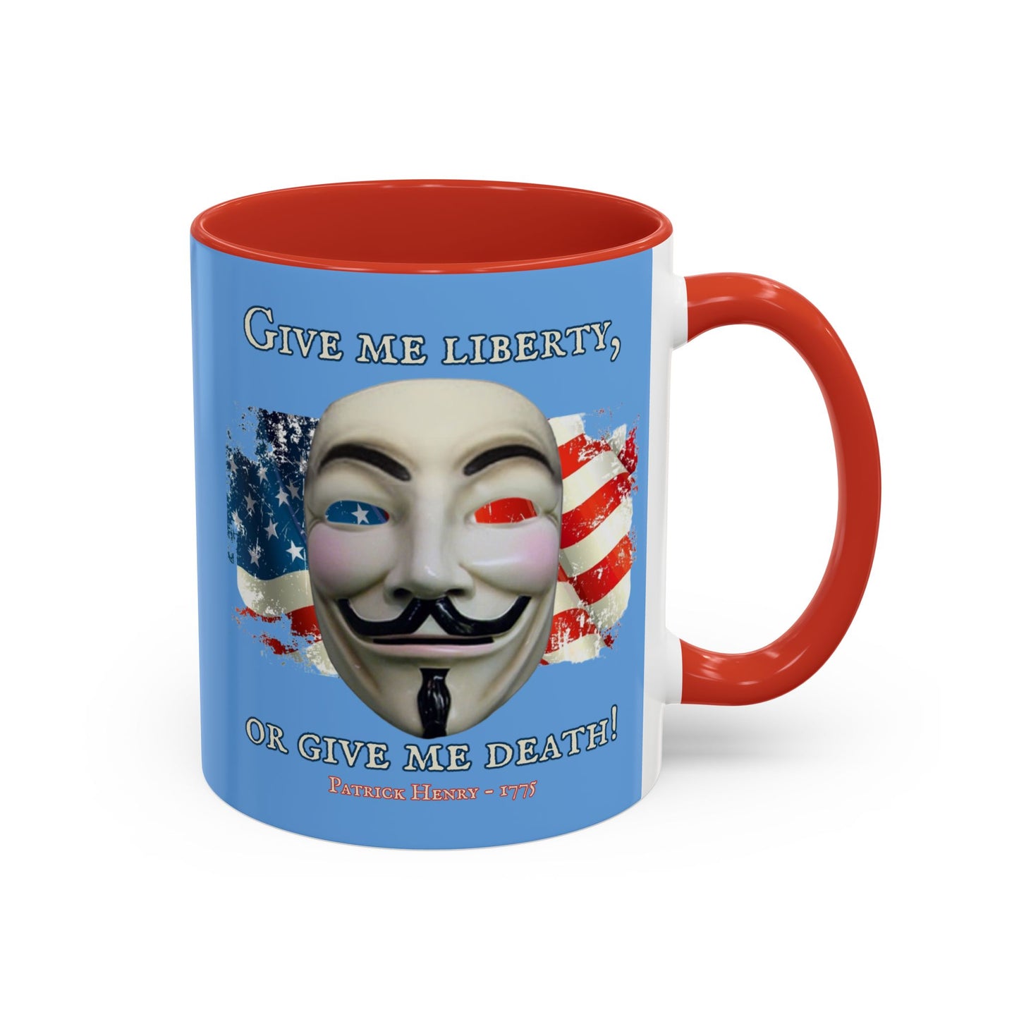 Vendetta, "Give me liberty, or give me death!" Blue Accent Mug by theGreenDragonTavern.shop