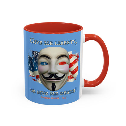 Vendetta, "Give me liberty, or give me death!" Blue Accent Mug by theGreenDragonTavern.shop