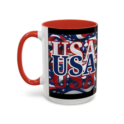 USA Blue font Center Patriot Black Accent Mug by theGreenDragonTavern.shop
