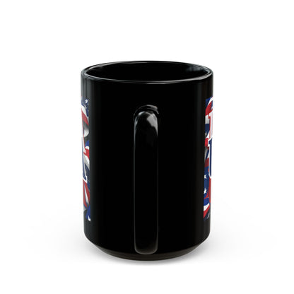 USA Blue font Center Patriot Black Mug by theGreenDragonTavern.shop