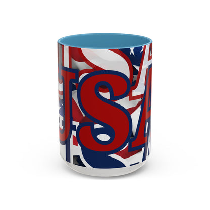 USA! USA! USA Red font Patriot Blue Accent Mug by theGreenDragonTavern.shop