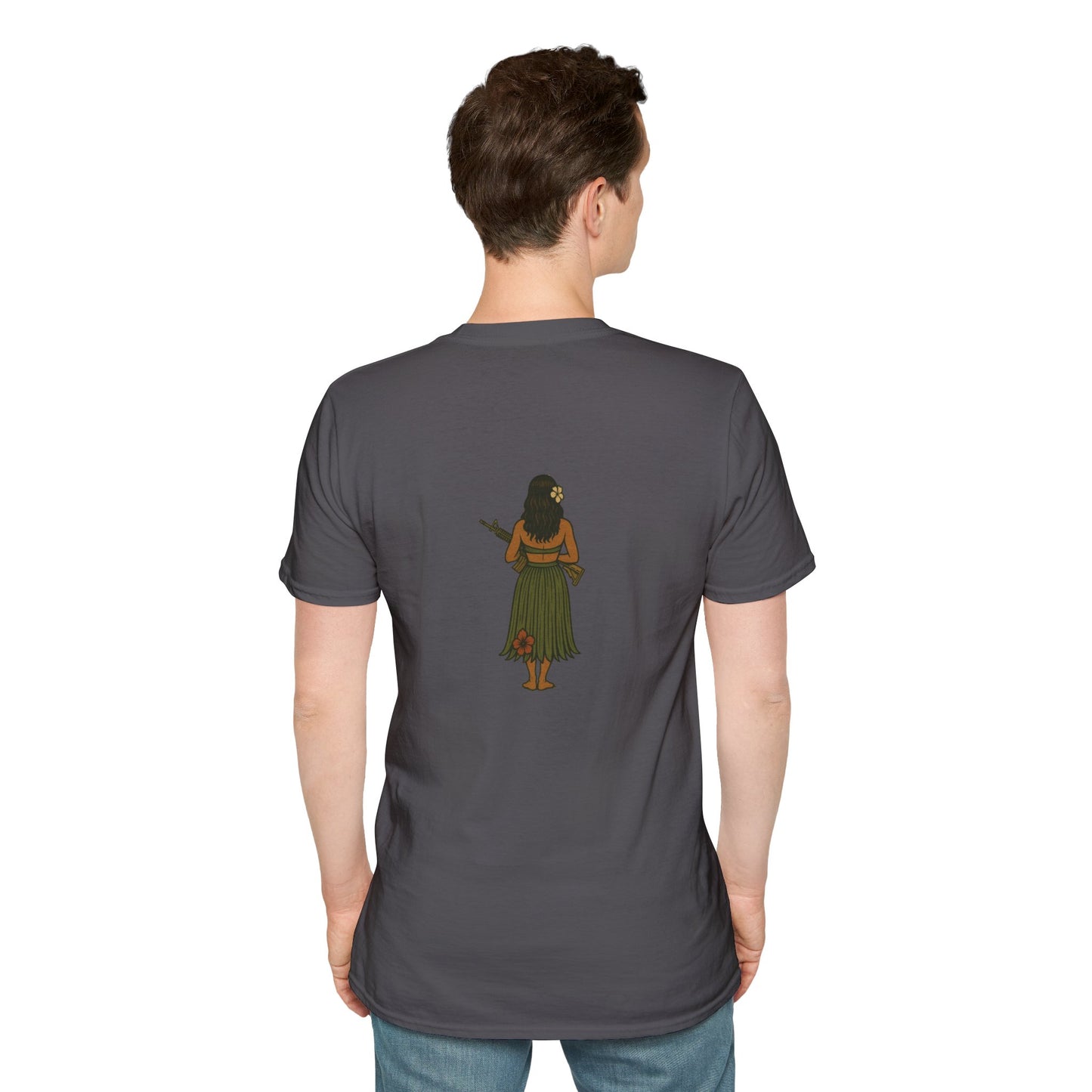 2-sided, Hula Girl Packin' Heat Dark colors Unisex T-Shirt by theGreenDragonTavern.shop