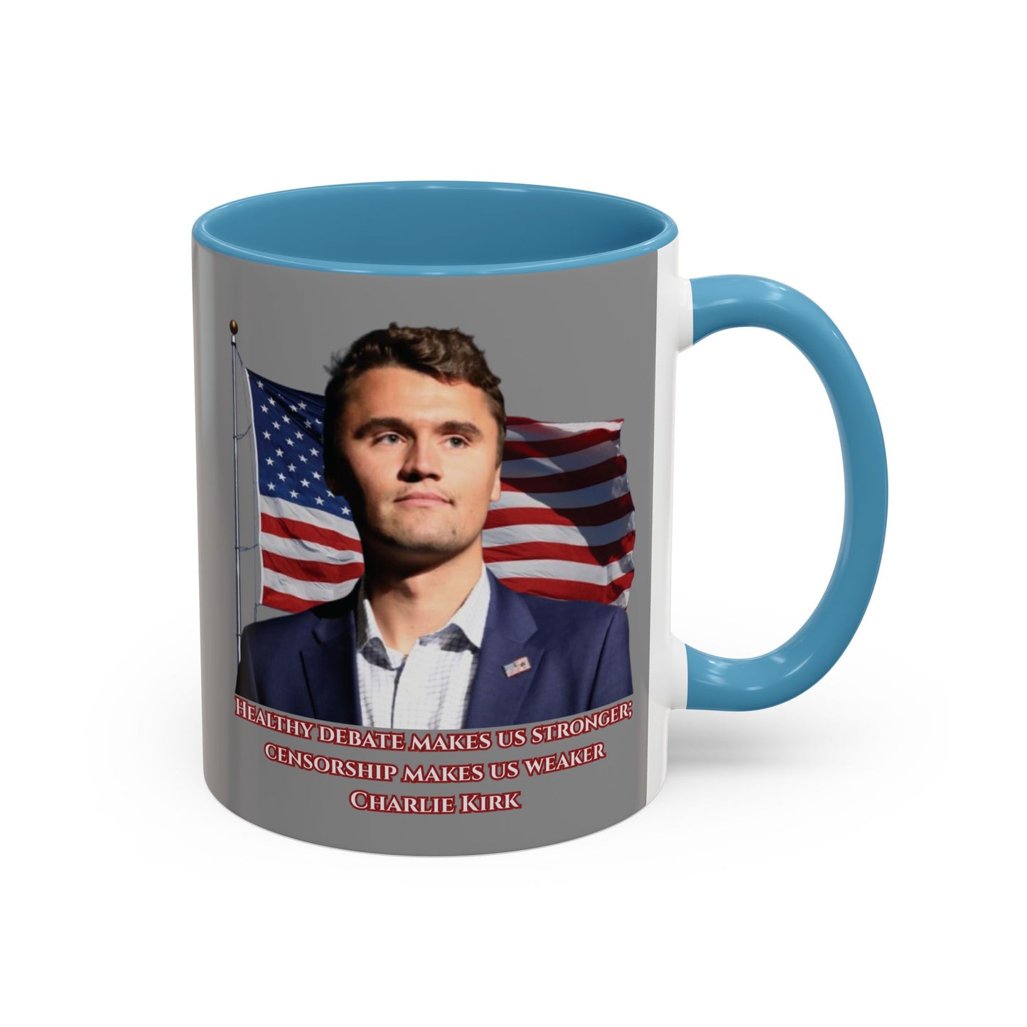 Charlie Kirk, Healthy Debate Grey Accent Mug by theGreenDragonTavern.shop