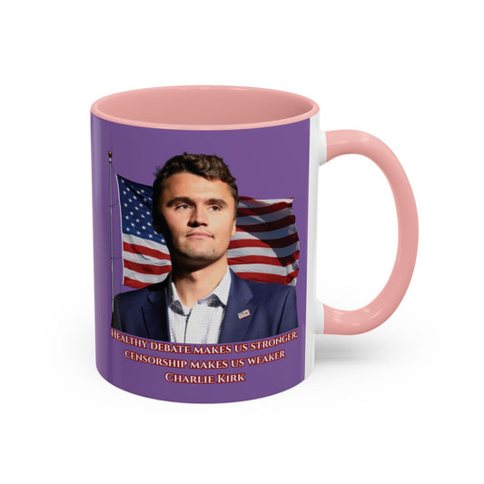 Charlie Kirk, Healthy Debate Light Purple Accent Mug by theGreenDragonTavern.shop