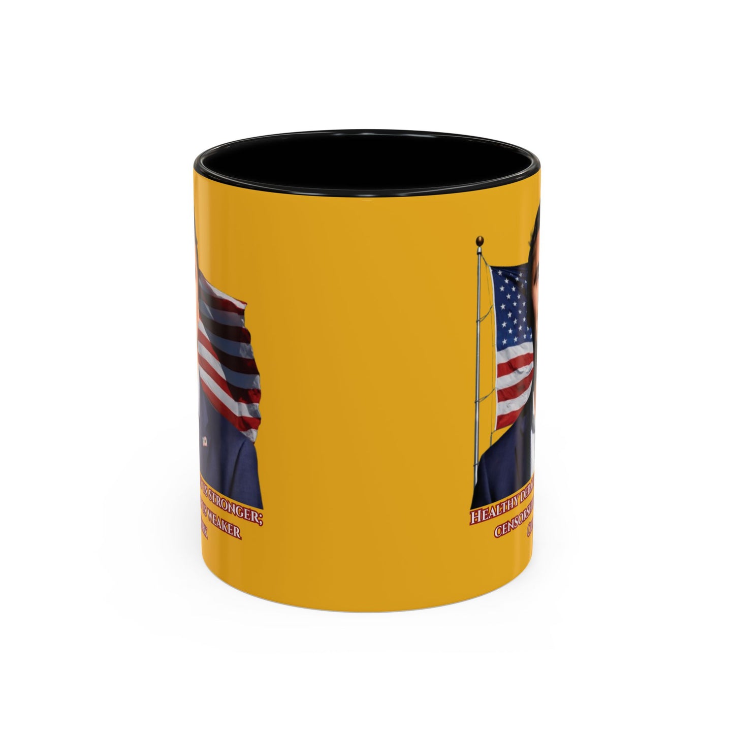 Charlie Kirk, Healthy Debate Yellow Accent Mug by theGreenDragonTavern.shop