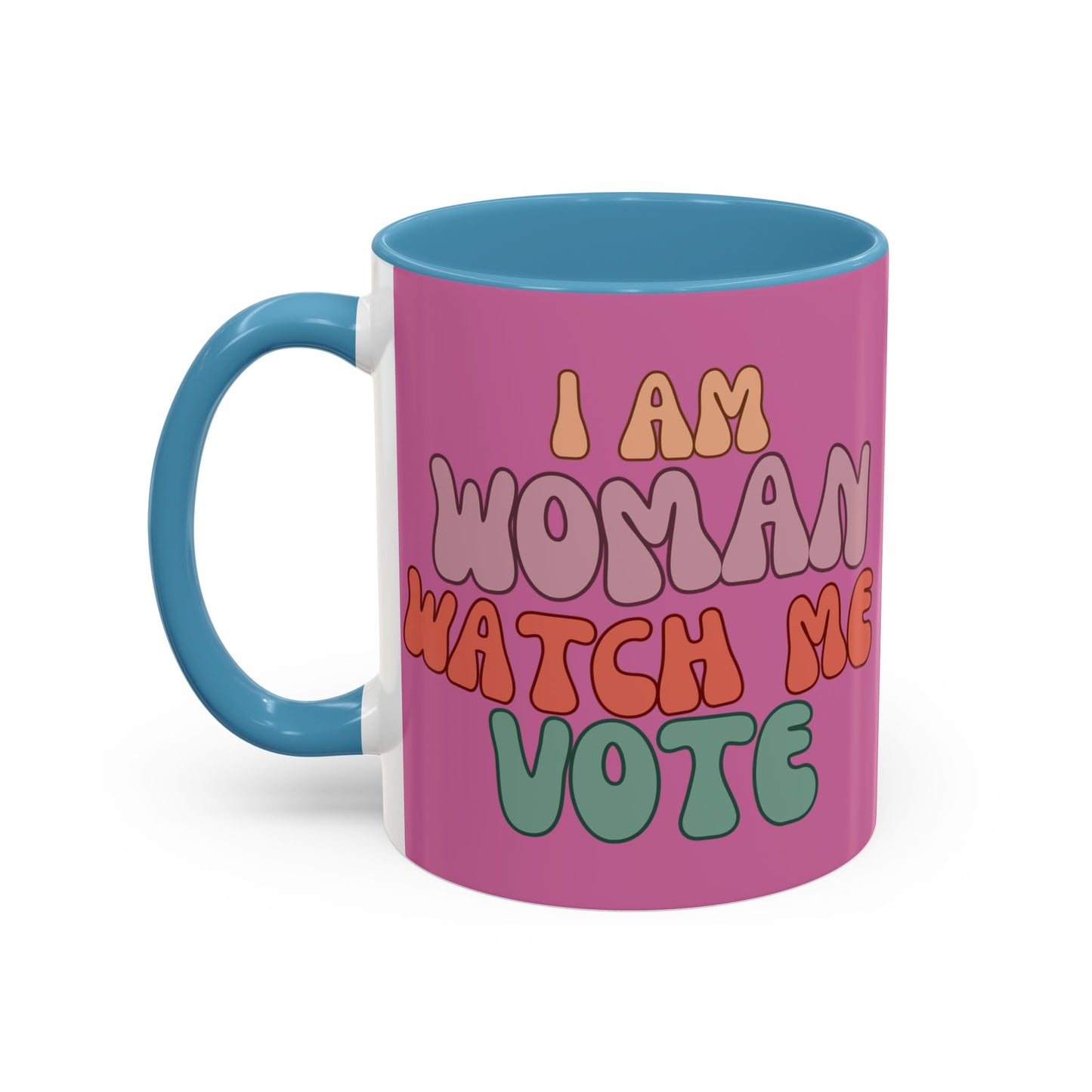 I Am Woman Watch Me Vote Pink Accent Mug by theGreenDragonTavern.shop