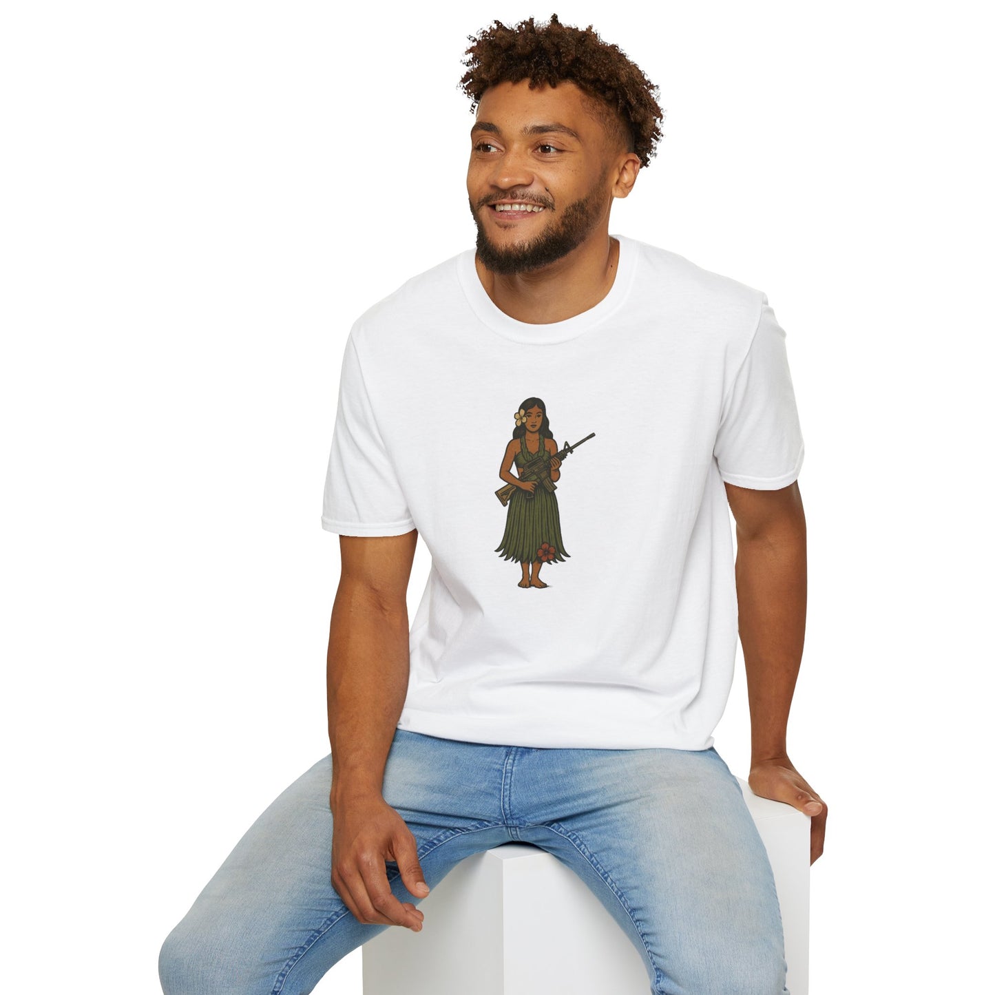 2-sided, Hula Girl Packin' Heat Light colors Unisex T-Shirt by theGreenDragonTavern.shop