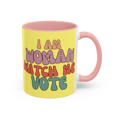 I Am Woman Watch Me Vote Yellow Accent Mug by theGreenDragonTavern.shop