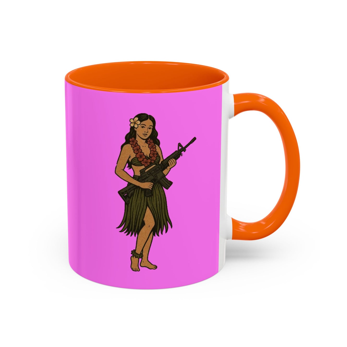 Hula Girl Packin' Heat Pink Accent Mug by theGreenDragonTavern.shop
