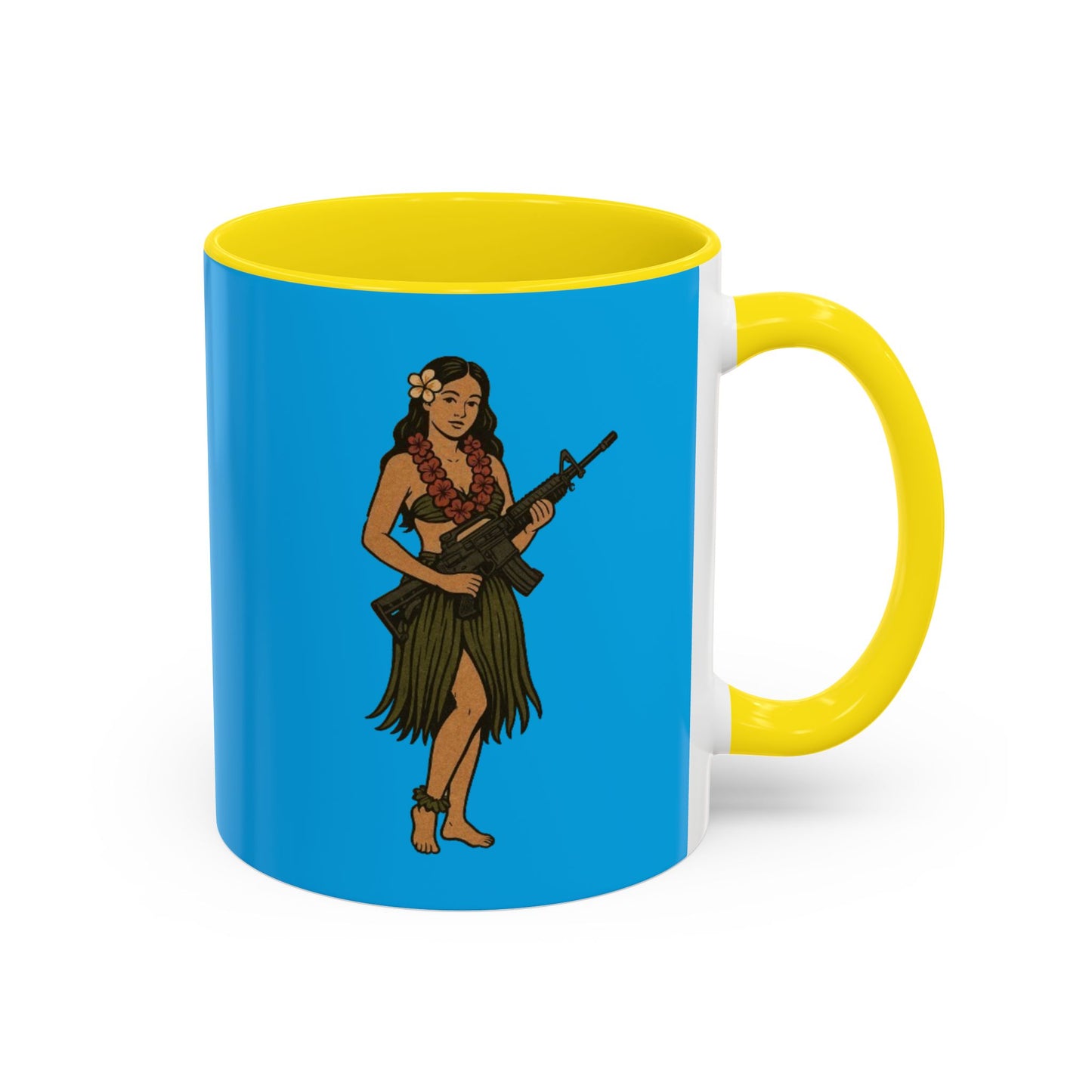 Hula Girl Packin' Heat Light Blue Accent Mug by theGreenDragonTavern.shop