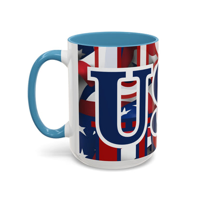USA! USA! USA Blue font Patriot Black Accent Mug by theGreenDragonTavern.shop