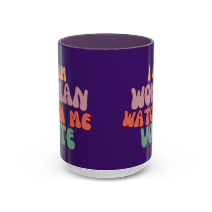 I Am Woman Watch Me Vote Dark Purple Accent Mug by theGreenDragonTavern.shop