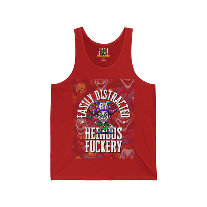 Easily Distracted by Heinous Fuckery Little Jincs Unisex Jersey Tank Top by theGreenDragonTavern.shop