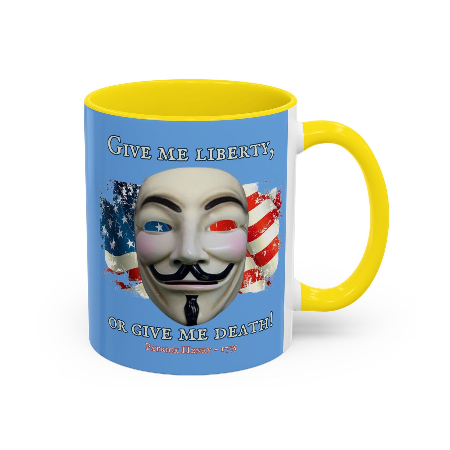 Vendetta, "Give me liberty, or give me death!" Blue Accent Mug by theGreenDragonTavern.shop
