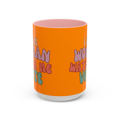 I Am Woman Watch Me Vote Orange Accent Mug by theGreenDragonTavern.shop