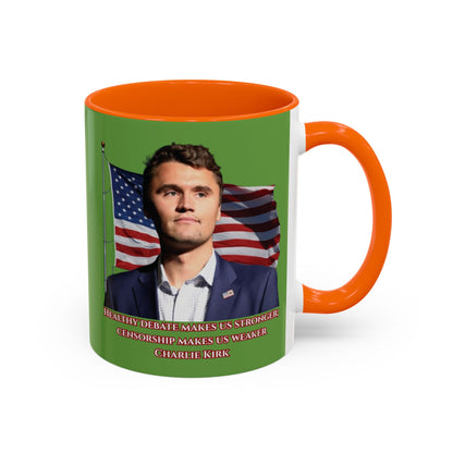 Charlie Kirk, Healthy Debate Green Accent Mug by theGreenDragonTavern.shop
