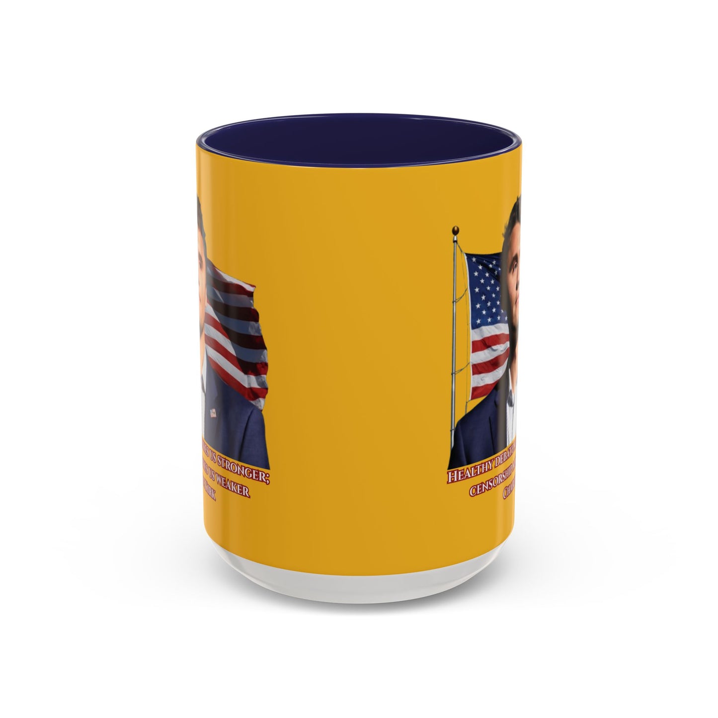 Charlie Kirk, Healthy Debate Yellow Accent Mug by theGreenDragonTavern.shop