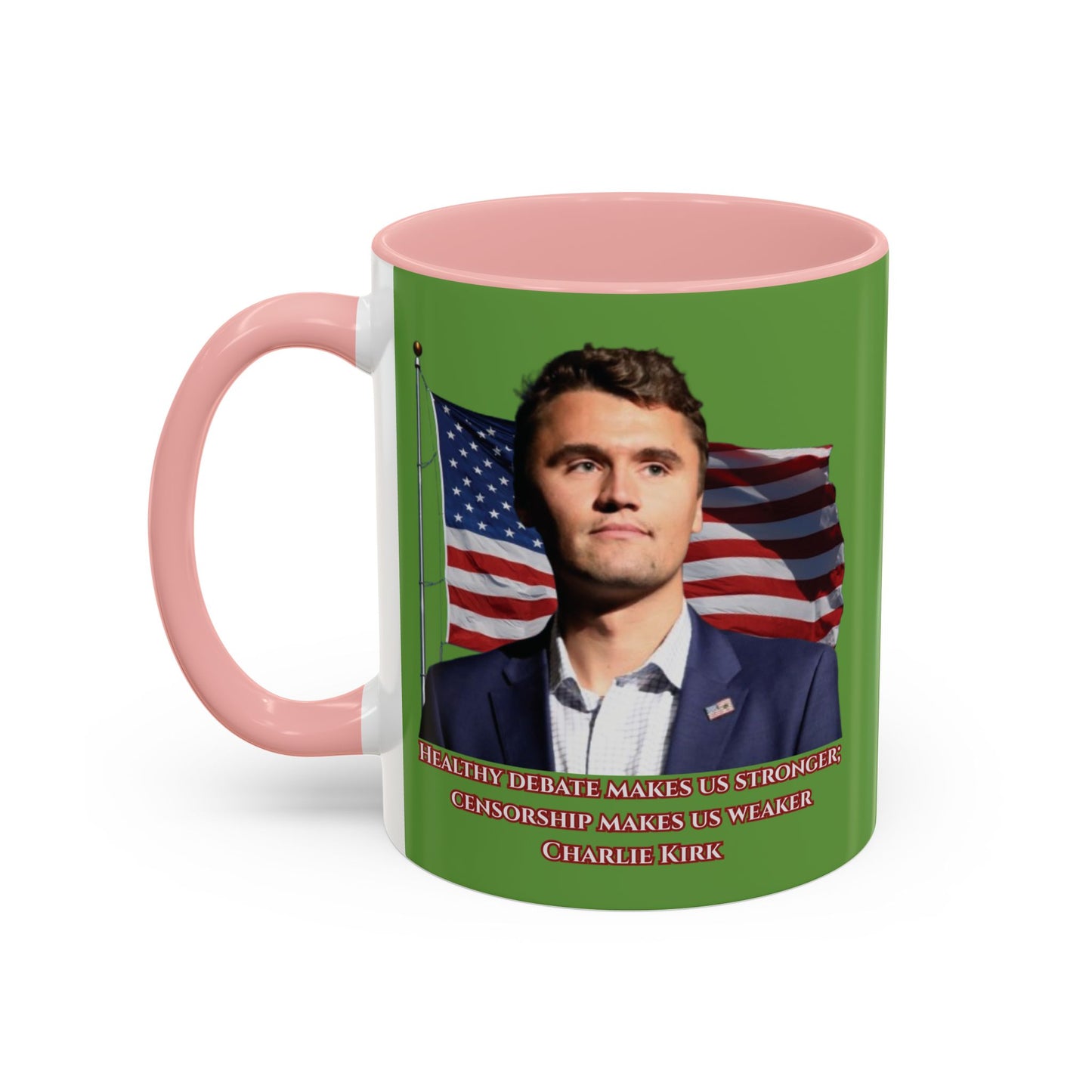 Charlie Kirk, Healthy Debate Green Accent Mug by theGreenDragonTavern.shop