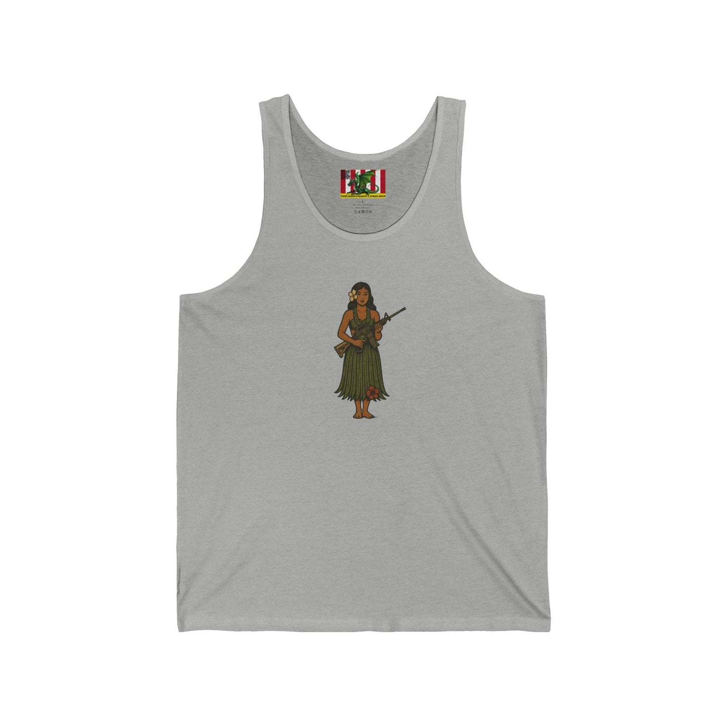 2-sided, Hula Girl Packin' Heat Unisex Jersey Tank Top by theGreenDragonTavern.shop