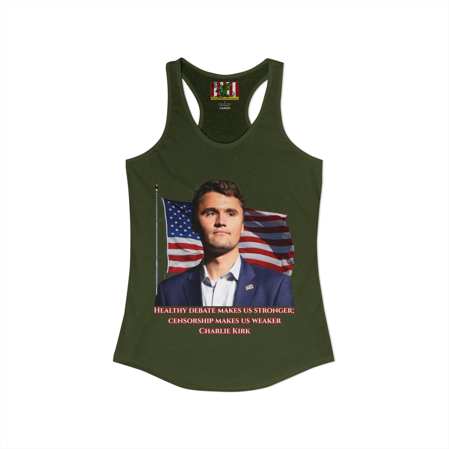 Charlie Kirk, Healthy Debate Women's Racerback Tank Top by theGreenDragonTavern.shop