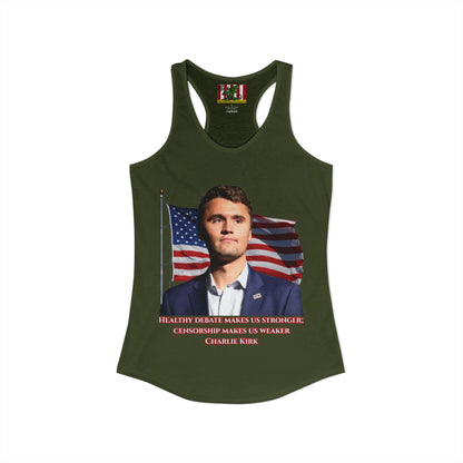 Charlie Kirk, Healthy Debate Women's Racerback Tank Top by theGreenDragonTavern.shop