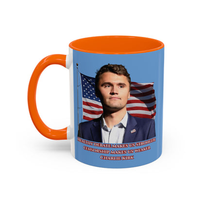 Charlie Kirk, Healthy Debate Light Blue Accent Mug by theGreenDragonTavern.shop