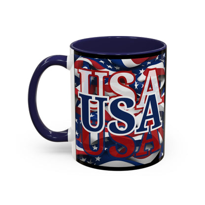 USA Blue font Center Patriot Black Accent Mug by theGreenDragonTavern.shop