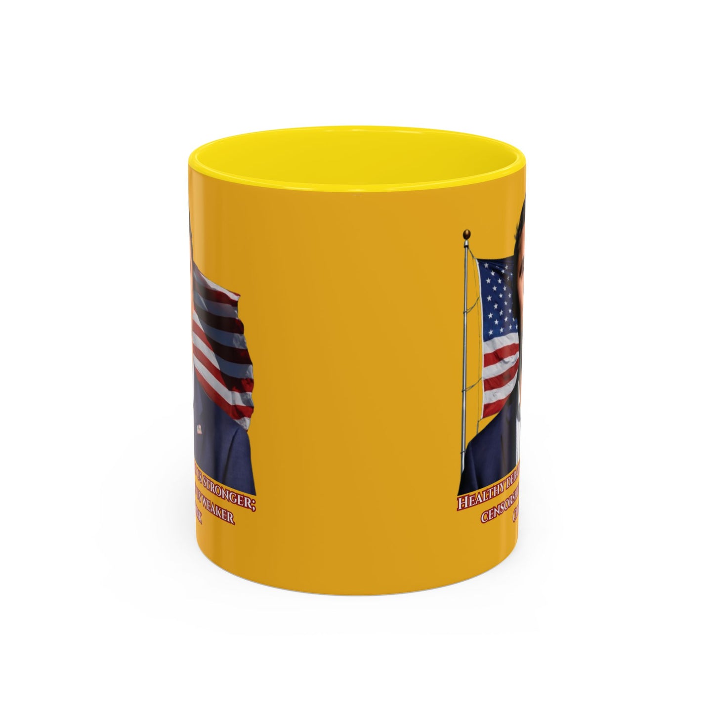 Charlie Kirk, Healthy Debate Yellow Accent Mug by theGreenDragonTavern.shop