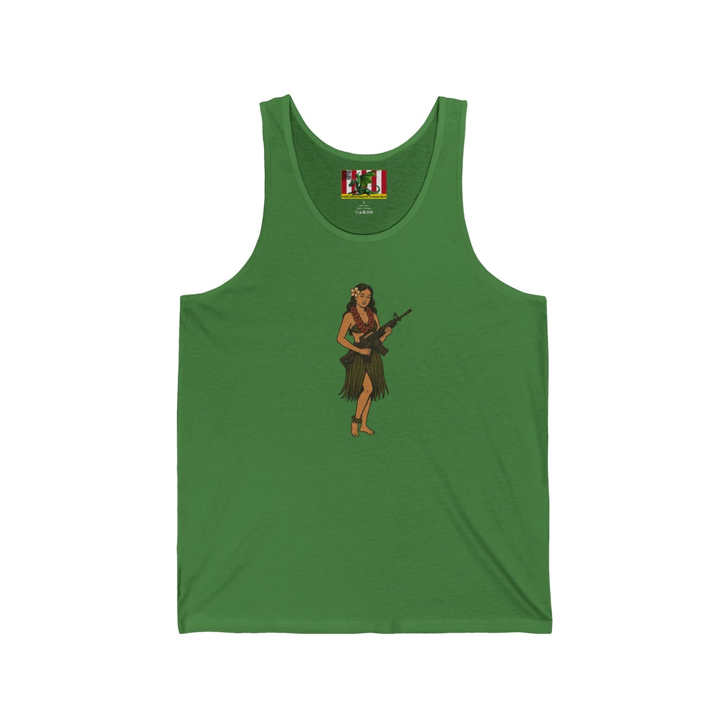 Hula Girl Packin' Heat Unisex Jersey Tank Top by theGreenDragonTavern.shop