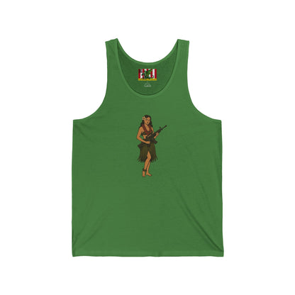 Hula Girl Packin' Heat Unisex Jersey Tank Top by theGreenDragonTavern.shop