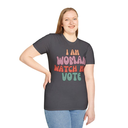 2-sided, I Am Woman Watch Me Vote Dark colors Unisex T-Shirt by theGreenDragonTavern.shop