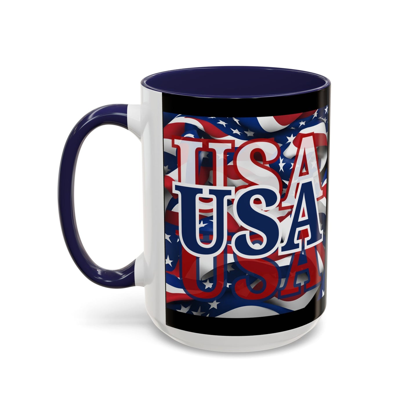 USA Blue font Center Patriot Black Accent Mug by theGreenDragonTavern.shop