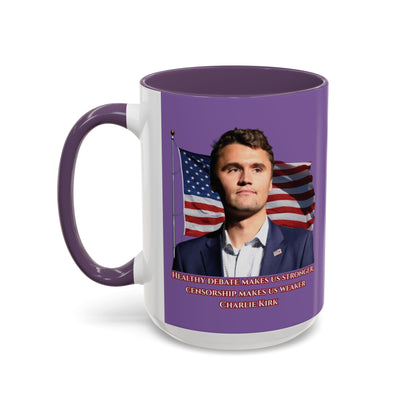 Charlie Kirk, Healthy Debate Light Purple Accent Mug by theGreenDragonTavern.shop