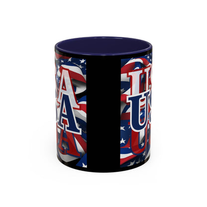 USA Blue font Center Patriot Black Accent Mug by theGreenDragonTavern.shop