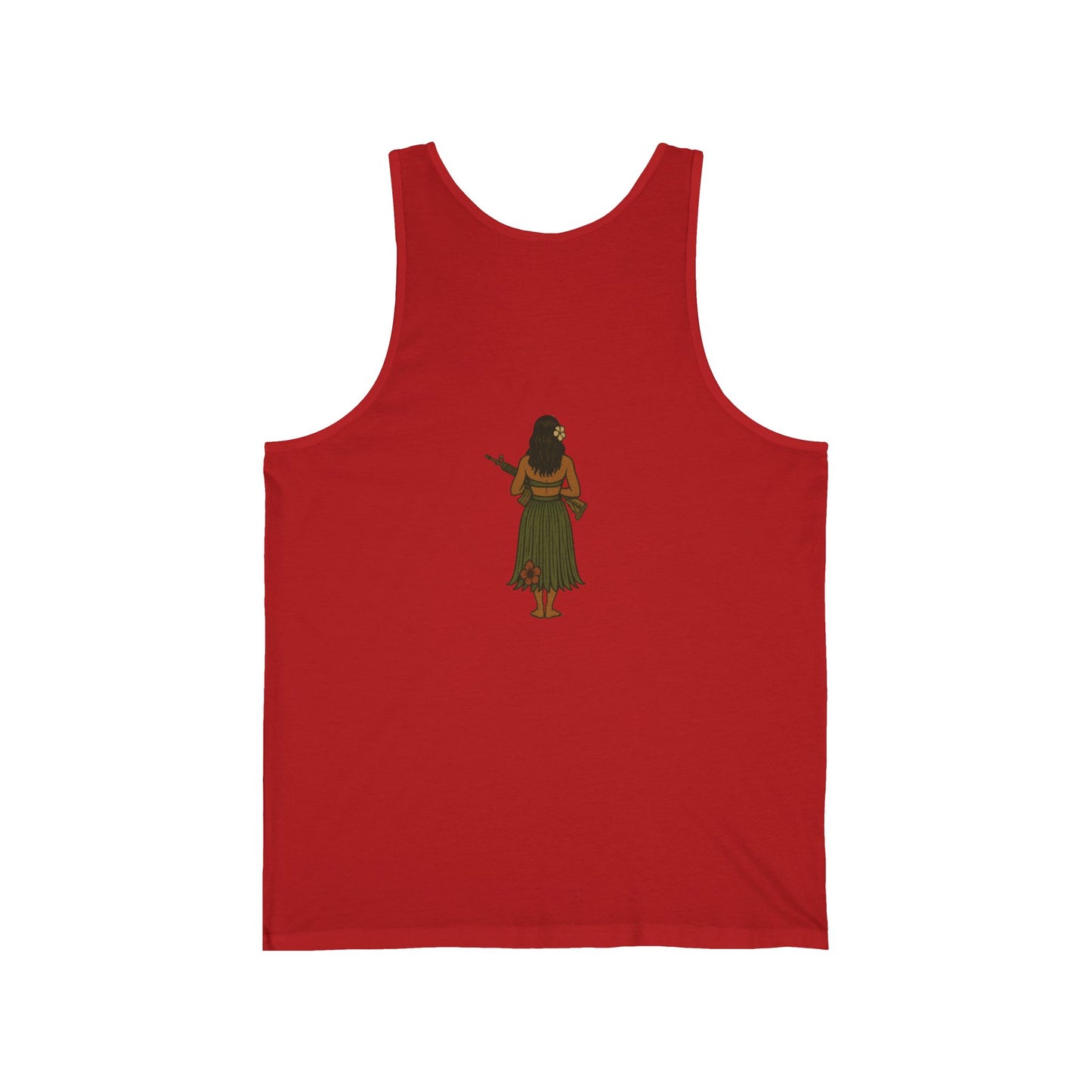 2-sided, Hula Girl Packin' Heat Unisex Jersey Tank Top by theGreenDragonTavern.shop